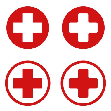 Çoklu varyant hastane tıbbi vektör işareti, sembol. Beyaz arka planda izole edilmiş daire şeklinde tıbbi haç. Sağlık sigortası işareti. Vektör illüstrasyonu.
