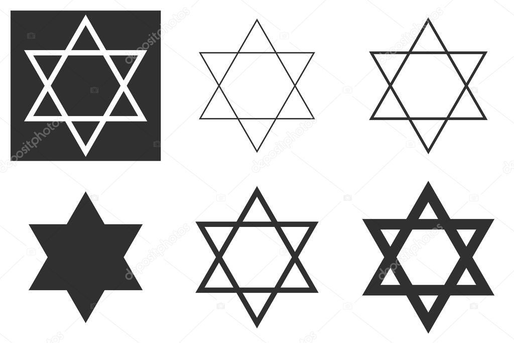 Jewish Star of David Six-pointed star in black with vector icon isolated on white background. Shield of David, or Star of David, or Seal of Solomon, Hebrew hexagram. A traditional Jewish sign and one of the main symbols of Israel, 
