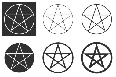 Farklı varyasyonlarda pentagram vektör simgesi. Beyaz arka planda izole edilmiş vektör çizimleri ve koyu arkaplanda beyaz çizimlerin bir çeşidi. EPS illüstrasyonu.