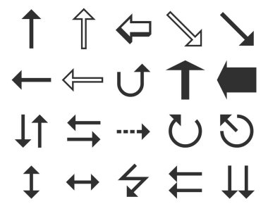 Oklar büyük siyah simge seti beyaz arkaplanda izole edildi. Vektör ok koleksiyonu. Ok at. İmleç. Modern basit oklar. Vektör illüstrasyonu