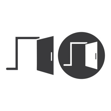 Gri arka planda izole edilmiş modaya uygun düz stil ikonu. Web siteniz için açık kapı sembolü, logo, uygulama, UI. Vektör illüstrasyonu, EPS10.