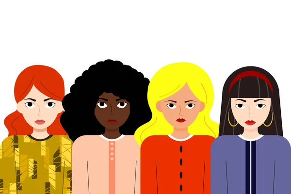Vier vrouwen van verschillende nationaliteiten en culturen staan samen. Vrouwen vriendschap, unie van feministen of zusterschap. vrouwelijke empowerment beweging. 8 maart. — Stockvector