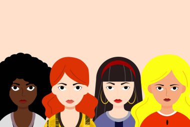 Kadınları güçlendirme hareketi. 8 Mart, Uluslararası Kadınlar Günü. Feminizm konsept tasarımı. Bir grup insan, kızlar. Farklı milletlerden ve kültürlerden dört kadın bir arada duruyor..