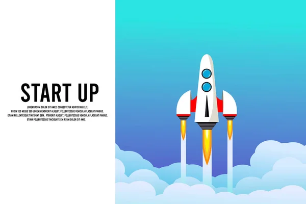 Rocket launch in the sky, cloud, smoke clouds, space. Space ship. interstellar travels. Business concept. Start up template. background. Simple modern cartoon design. Flat vector illustration. — Stock Vector