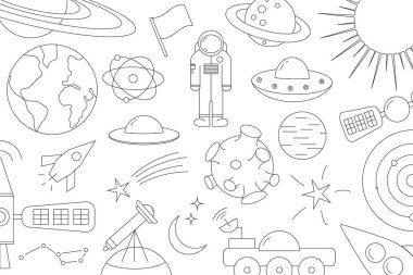 Gezegen, yıldız, kuyruklu yıldız, farklı roketler. Evren çizimleri. Kozmos. Moda uzay işaretleri, takımyıldız, ay. Taslak, karalama tarzı, ikon, taslak. beyaz arkaplan.