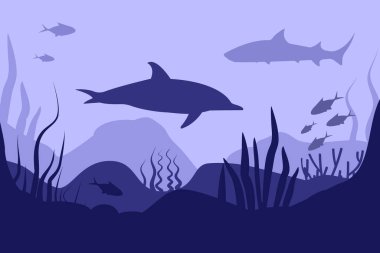 Derin mavi arka planda soyut deniz yatağı. Deniz manzarası. Düz çizgi film. Su altı dünyası. Doğa şablonu. Konsept tasarım için güzel bir poster. Geçmişi. Soyut duvar kağıdı.