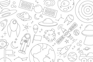 Gezegen, yıldız, kuyruklu yıldız, farklı roketler. Evren çizimleri. Kozmos. Moda uzay işaretleri, takımyıldız, ay. Taslak, karalama tarzı, ikon, taslak. beyaz arkaplan.