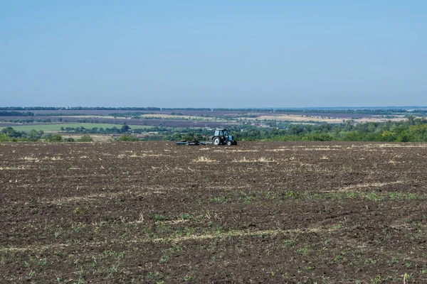 Traktör biçilmiş buğday tarlasını sürüyor.