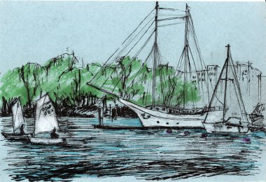 sketch of a yacht on the river on blue paper clipart