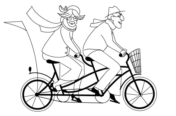 Active old couple riding a tandem bike doodle style — Stock Vector