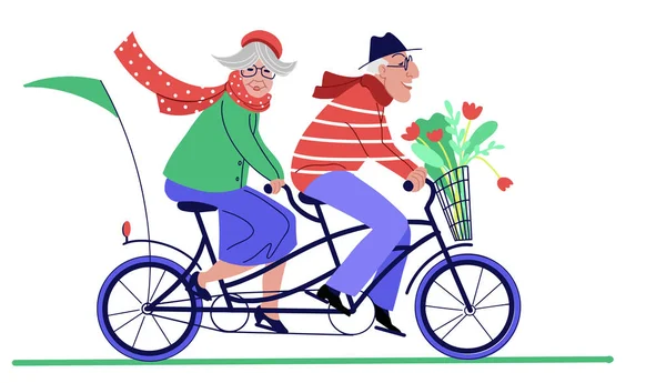 활기찬 노부부가 함께 자전거를 타고 있습니다. — 스톡 벡터