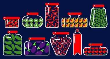 meyve ve sebzeler kavanozlarda arka plan vektör illüstrasyonunda 