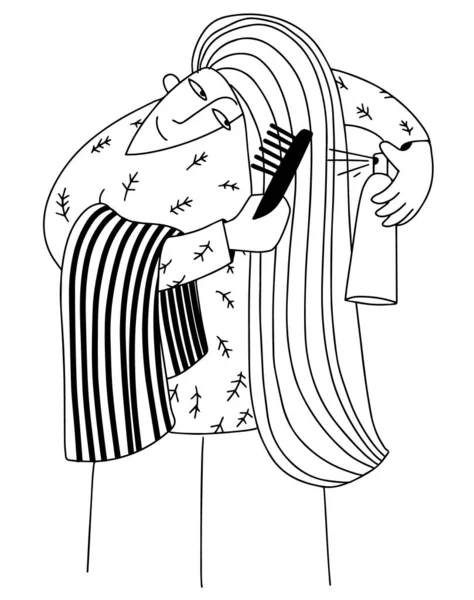 Мила дівчина з довгим волоссям доглядає за волоссям — стоковий вектор