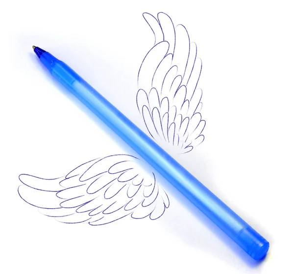 Uma caneta com asas de desenho de mão conceito de escrita criativa — Fotografia de Stock