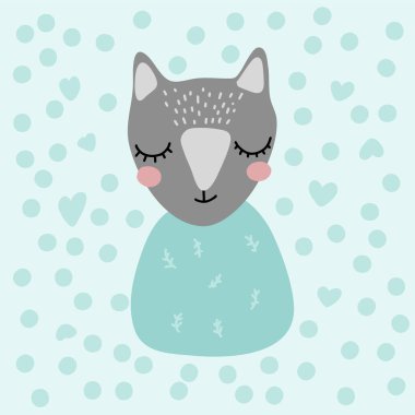 İskandinav tarzında komik kedi Sevimli Bakım Sanatı. Rüya gören tavşan. Doodle Vektör illüstrasyonu