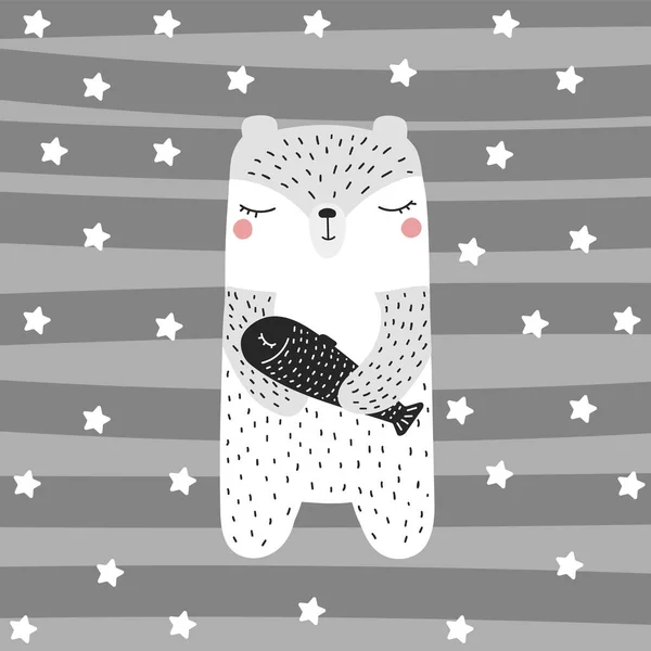 Roztomilý Lední Medvěd Rybami Skandinávský Styl Pro Děti Ručně Kreslené — Stockový vektor