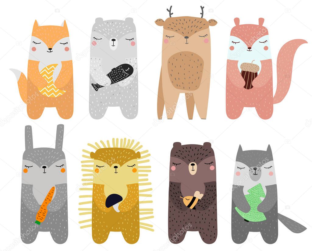 Set Cute Fox, bear, deer, hedgehog, squirrel, hare, wolf, polar bear Scandinavian style for kids hand drawn