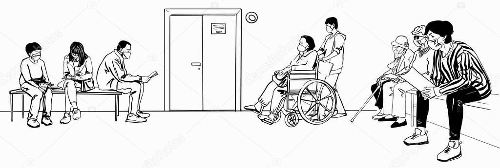Patients Sitting Waiting Appointment Time at Hospital Illness People wearing protective masks. Sketch Vector illustration black line hand drawn