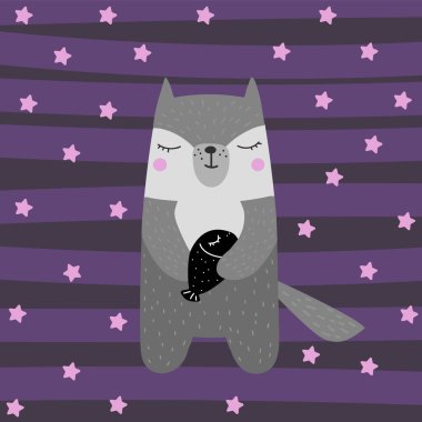 Çocuklar için İskandinav usulü balıklı şirin bir kurt.