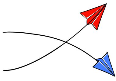 Kırmızı ve mavi kağıt düzlem yukarı ve aşağı yönde, farklı iş kavramları karalama vektör illüstrasyon