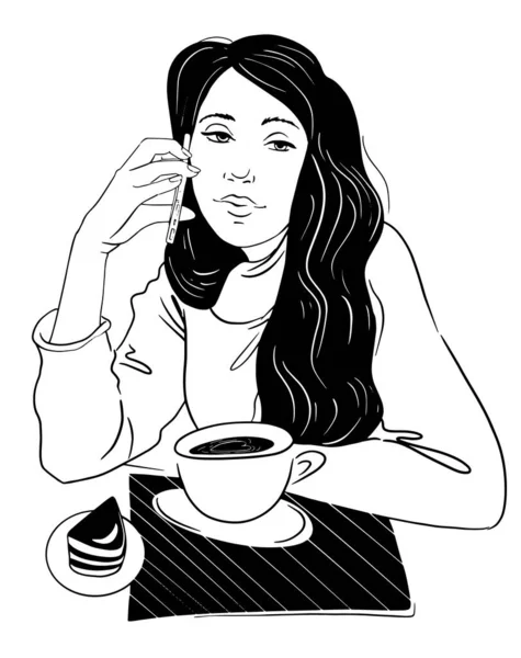 Gyönyörű fiatal nő kávézik és telefonon beszél. — Stock Vector