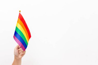 Bir el, hoşgörü sembolü olarak lgbt gökkuşağı bayrağını tutuyor ve eşcinsel haklarının korunmasını sağlıyor, beyaz arka plan, kopyalama alanı
