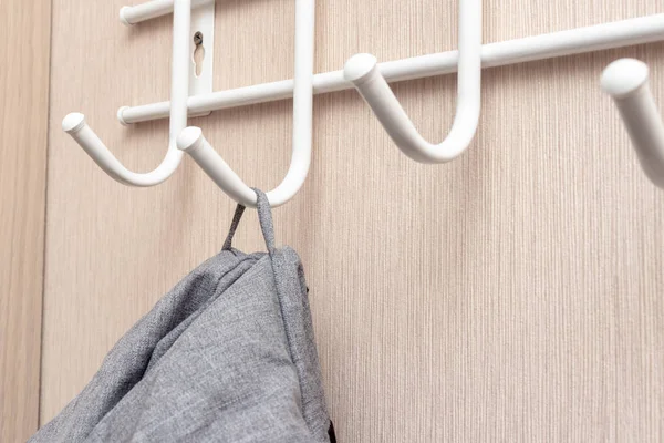 Winter outerwear, coat hanging on a hook of a coat rack in hallway, anteroom at home — Stock Photo, Image