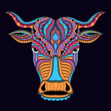 Etnik vektör siyah arka planda stilize edilmiş inek