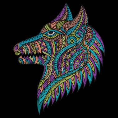 Etnik vektör karanlık arka planda stilize edilmiş köpek