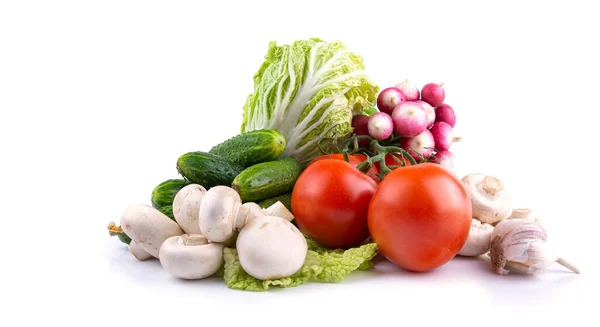 Légumes Tomates Laitue Radis Champignons Champignon Concombres Ail Sur Fond — Photo