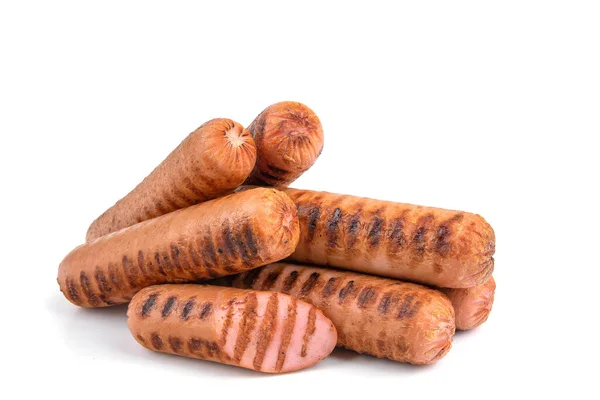 Grilled sausages on a white isolated background, close-up, horizontal view — Stock Photo, Image