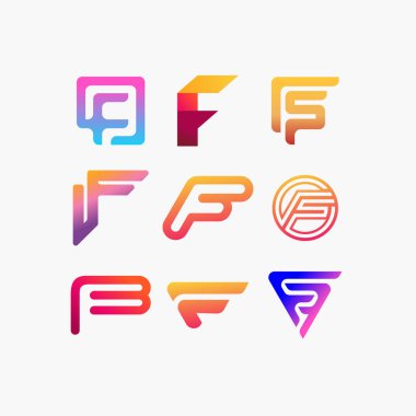 Logo harfleri koleksiyonu F renk gradyanı tam renk vektör şablonu