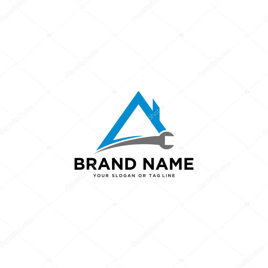 Logo design wrench and house building vector template