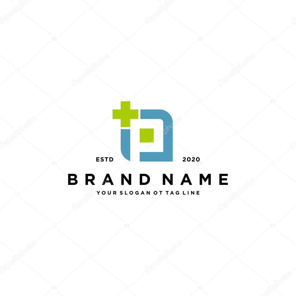 Letter P cross plus hospital medical logo design vector template