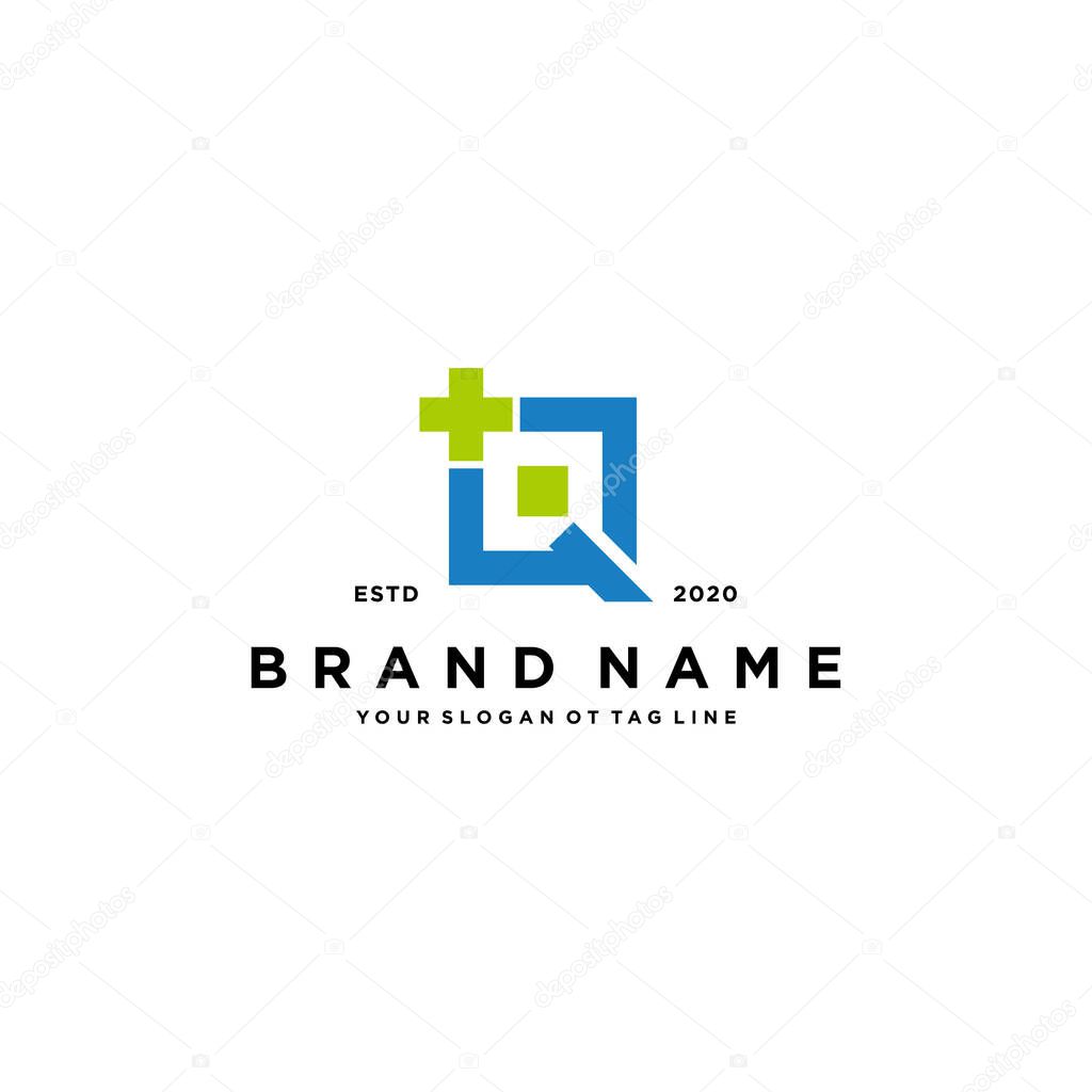 Letter Q cross plus hospital medical logo design vector template