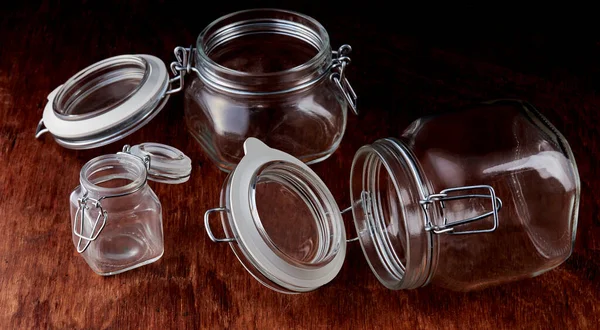 Empty Glass Jars Open Lids Held Place Metal Wire — Stock Photo, Image