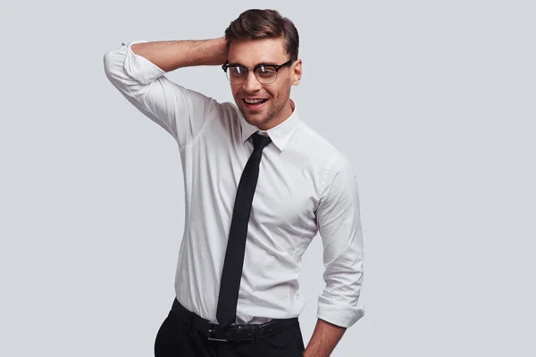 Confident Successful Businessman Keeping Hand Head While Standing Grey Background — Stock Photo, Image