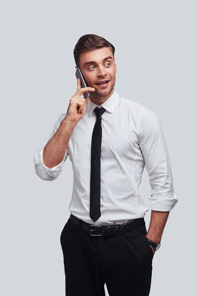 Businessman Talking Smartphone Studio Hand Pocket — Stock Photo, Image