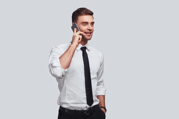 Handsome Young Businessman Talking Smartphone Studio — Stock Photo, Image