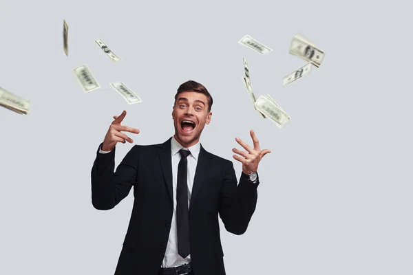 Happy Young Businessman Throwing Money Studio — Stock Photo, Image