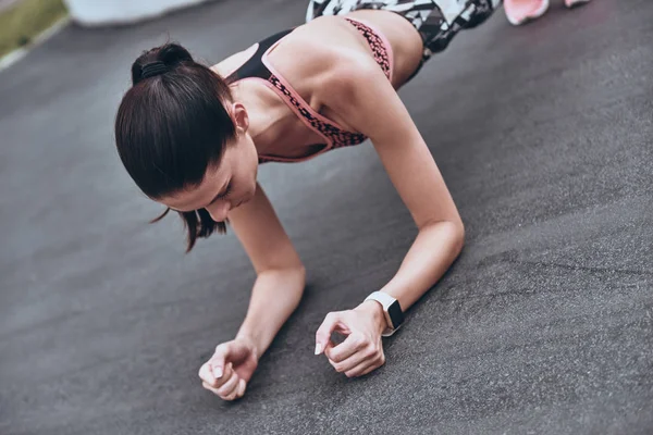 Woman Sports Clothing Keeping Plank Position Asphalt Road Cover — Stock Photo, Image