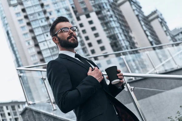 Thoughtful Businessman Holding Disposable Cup Coffee Looking Away While Standing — Stock Photo, Image