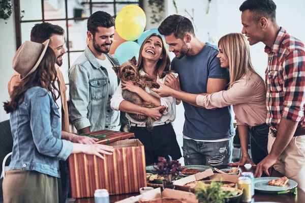 Happy Young Woman Holding Puppy Dog Smiling Birthday Party — Stock Photo, Image