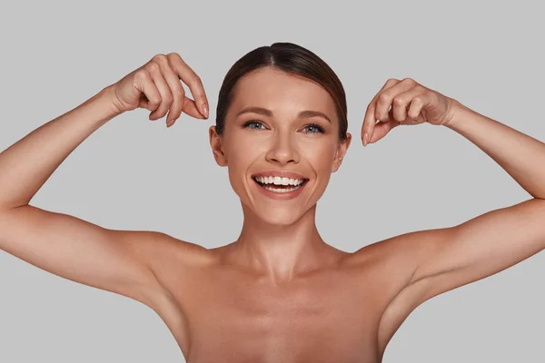 Smiling Shirtless Young Woman Looking Camera Gesturing Hands Power — Stock Photo, Image