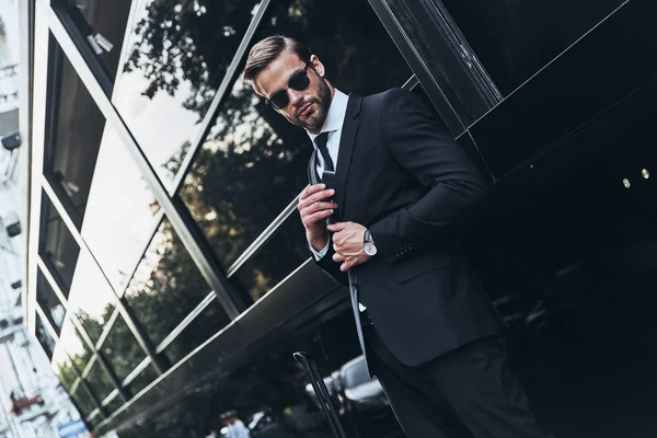 Confident Successful Man Full Suit Adjusting Necktie — Stock Photo, Image