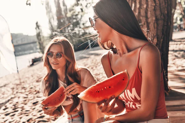 Friends Women Holding Watermelon Slices While Sitting Beach — Stock Photo, Image