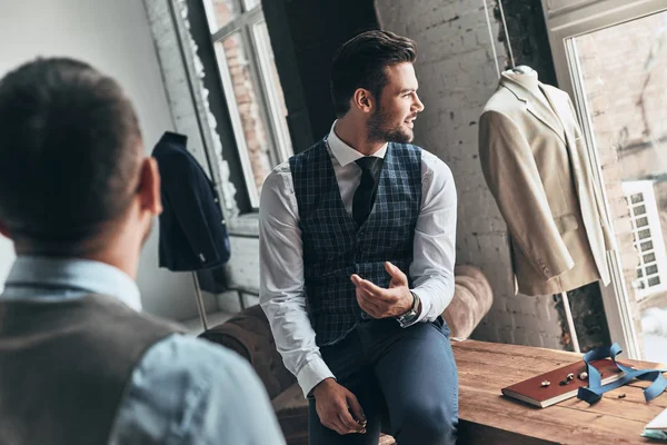 Two Young Fashionable Men Having Discussion While Spending Time Workshop — Stock Photo, Image