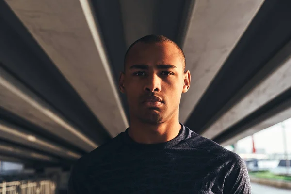 Handsome Young African Man Looking Camera While Standing Bridge — Stock Photo, Image