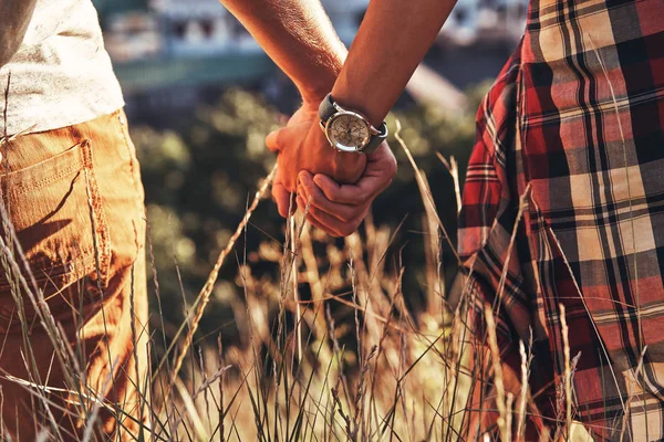 Gedeeltelijke Weergave Van Paar Hand Hand Terwijl Permanent Buitenshuis Gras — Stockfoto