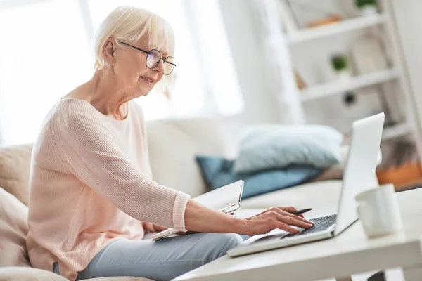 Aged Caucasian Woman Sitting Sofa Home Working Laptop Diary Pen — Stock Photo, Image